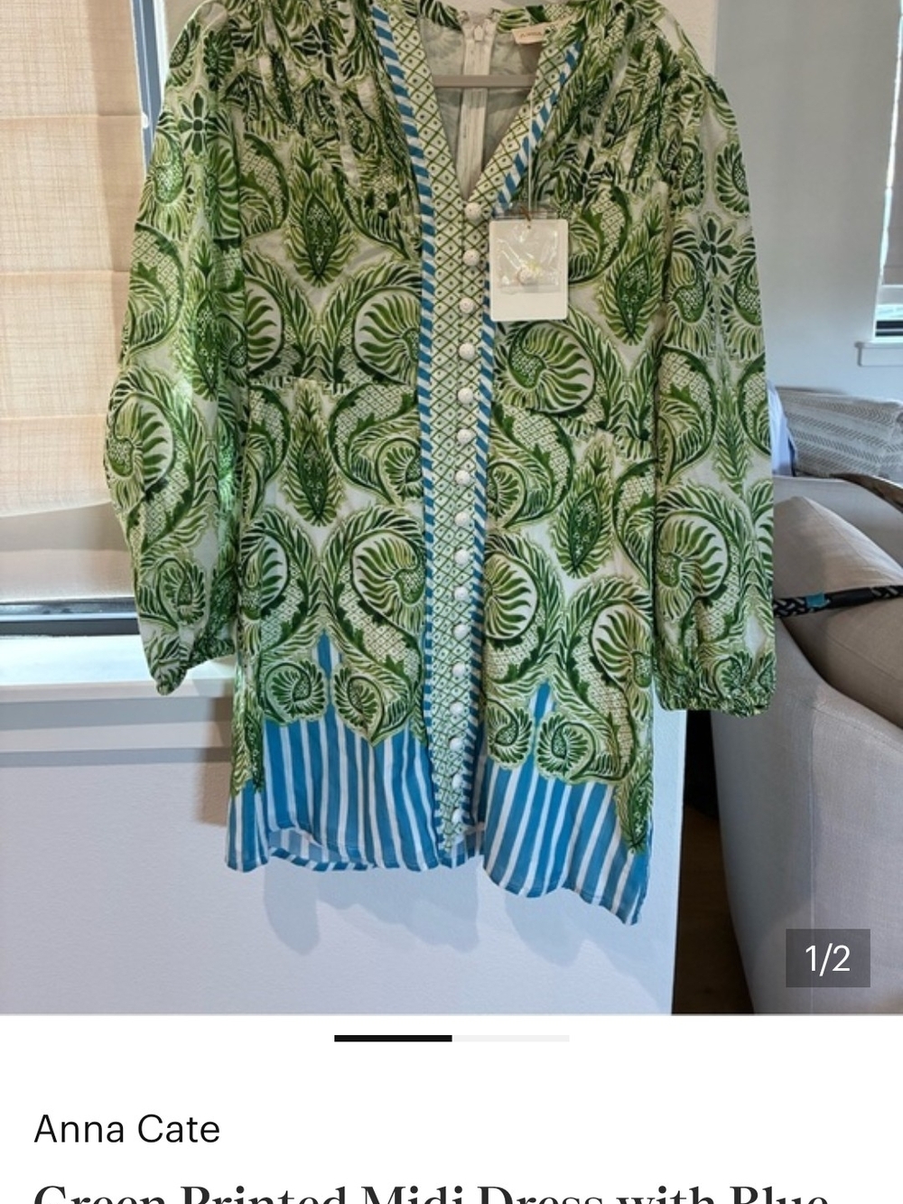 New With TAGS Green Printed Mini Dress with Blue Trim Anna Cate